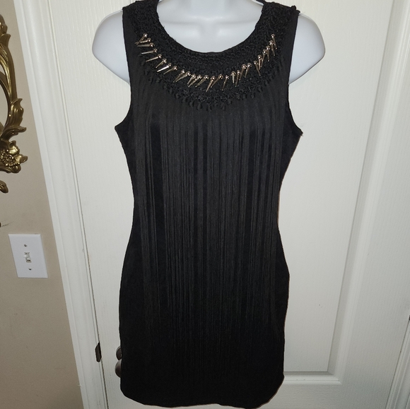 Black fringe tank style bodycon dress with spiked studs and fringe sz Large NWT - Picture 8 of 12